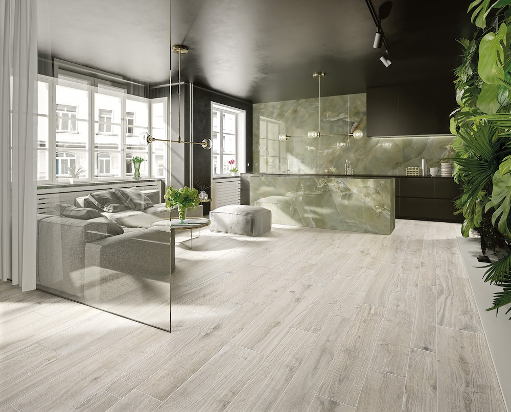 Gạch ốp lát vân gỗ tạo cảm giác ấm cúng cho phòng khách từ Divo Ceramica