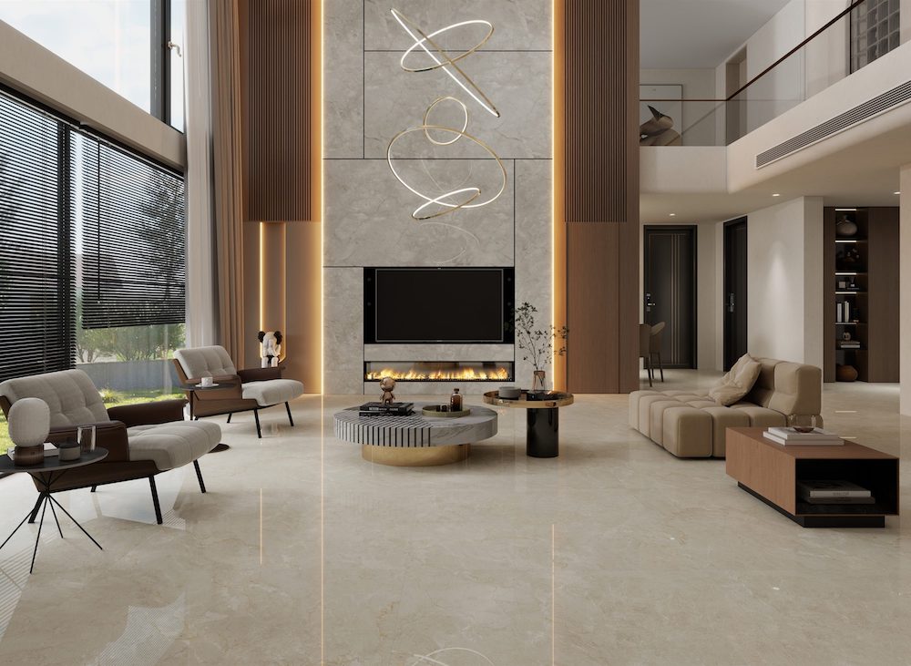 Gạch ốp phòng khách vân đá tạo nên không gian sang trọng từ Divo Ceramica